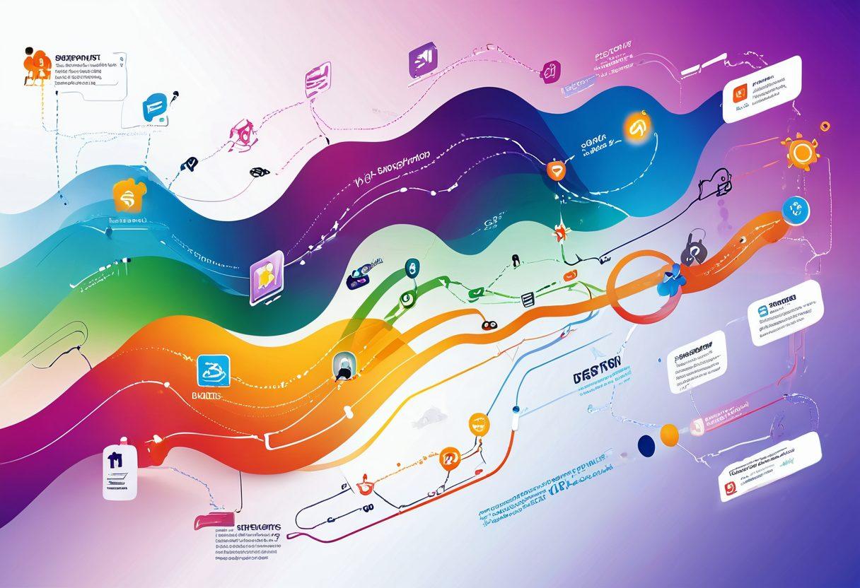 A vibrant illustration of a user journey map filled with colorful connections and joyful interactions, showcasing dynamic UI elements and engaging UX design flowing seamlessly through the paths. Include diverse people interacting with technology, smiles on their faces, and elements like a computer, mobile devices, and playful icons symbolizing fun and transformation. The background features soft gradients to evoke a sense of creativity and innovation. super-realistic. vibrant colors. soft gradient background.